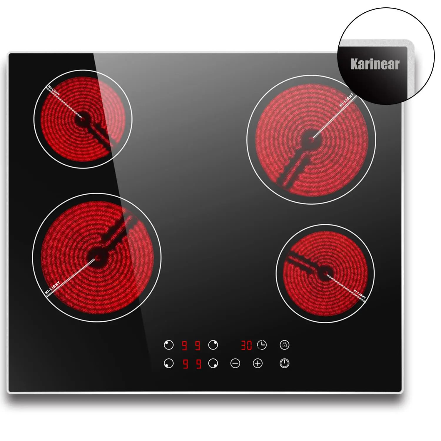 Autonome Glaskeramik-Kochfeld 60 cm, Karinear-Kochfeld mit Rahmen, 6000 W Keramik-Kochfeld, 4 Platten, mit Metallrahmen-Schutz