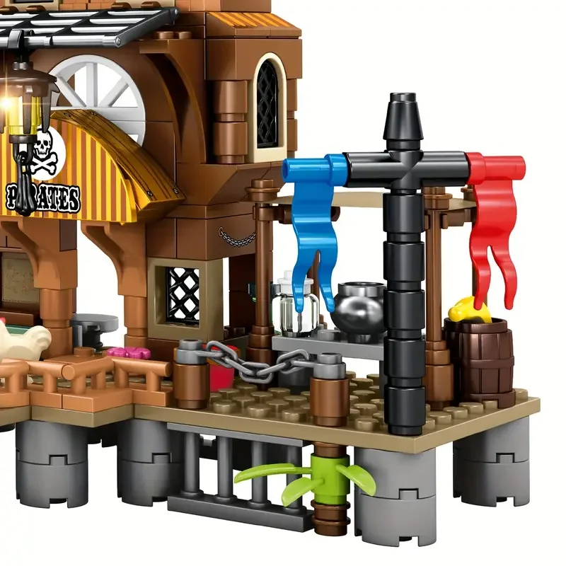 Creative ยุคกลาง Pirate Island Fortress ปราสาทอาคารบล็อกผจญภัยเรือ Log Cabin เรือประกอบอิฐของเล่นเด็กของขวัญ