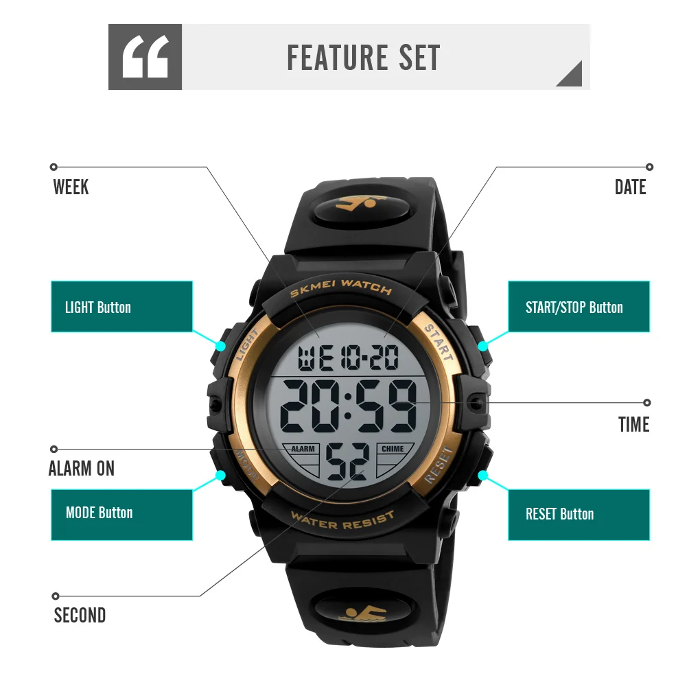 Skmei crianças led eletrônica relógio digital cronógrafo relógios esportivos 5bar à prova dwaterproof água crianças relógios de pulso para meninos meninas