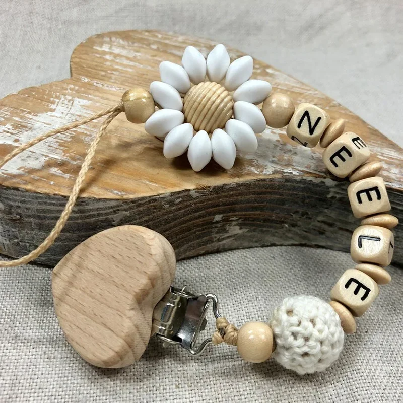 Cuentas de silicona con nombre personalizado para bebé, anillo de flores, Clips para chupete, cadenas de dentición seguras, mordedor, Clips de haya simulados ecológicos