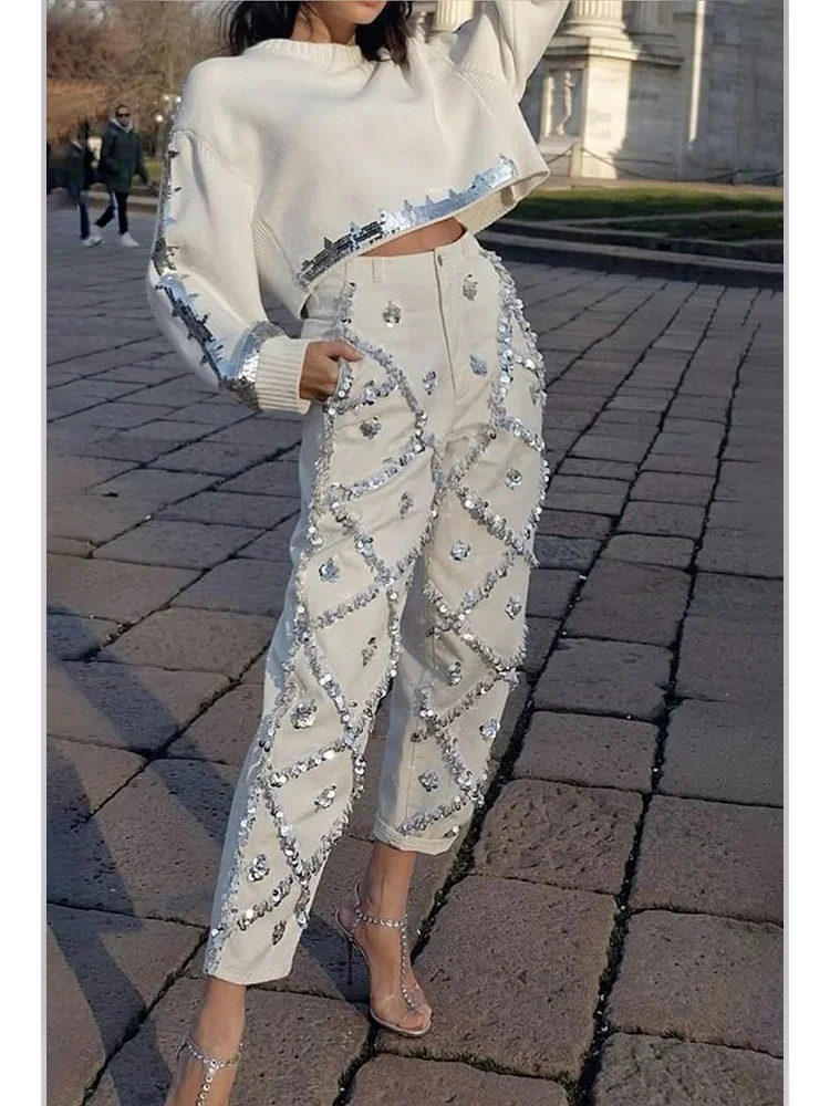 Suéter de punto con lentejuelas para mujer, Top corto informal de cuello redondo, jersey de manga larga, sudaderas con capucha de punto, prendas de vestir exteriores elegantes de moda, otoño