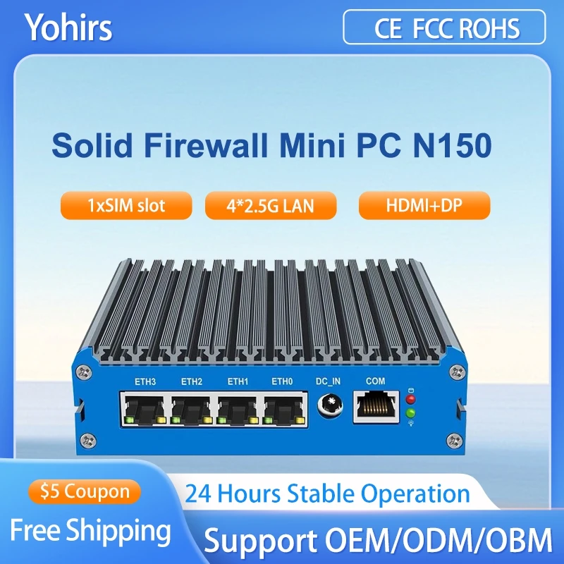 Yohirs Intel N150 Mini PC N100 J6413 4xi226-V 2,5G cortafuegos sólido sin ventilador mini PC N6415 enrutador suave Proxmox pfSense OPNsense