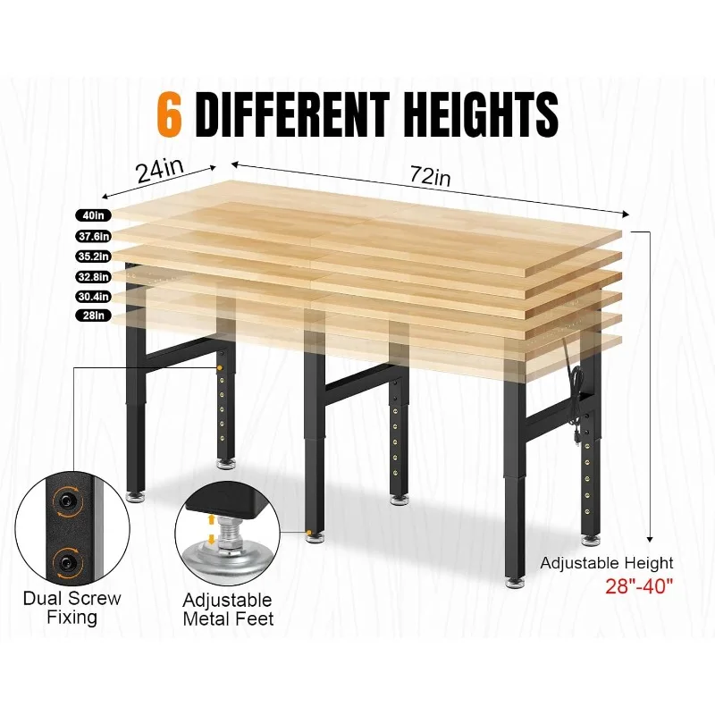 72” Adjustable Height Workbench, 5000 LBS Heavy Duty Table Rubber Wood Workstation with Power Outlet & Pegboard for Garage, Offi