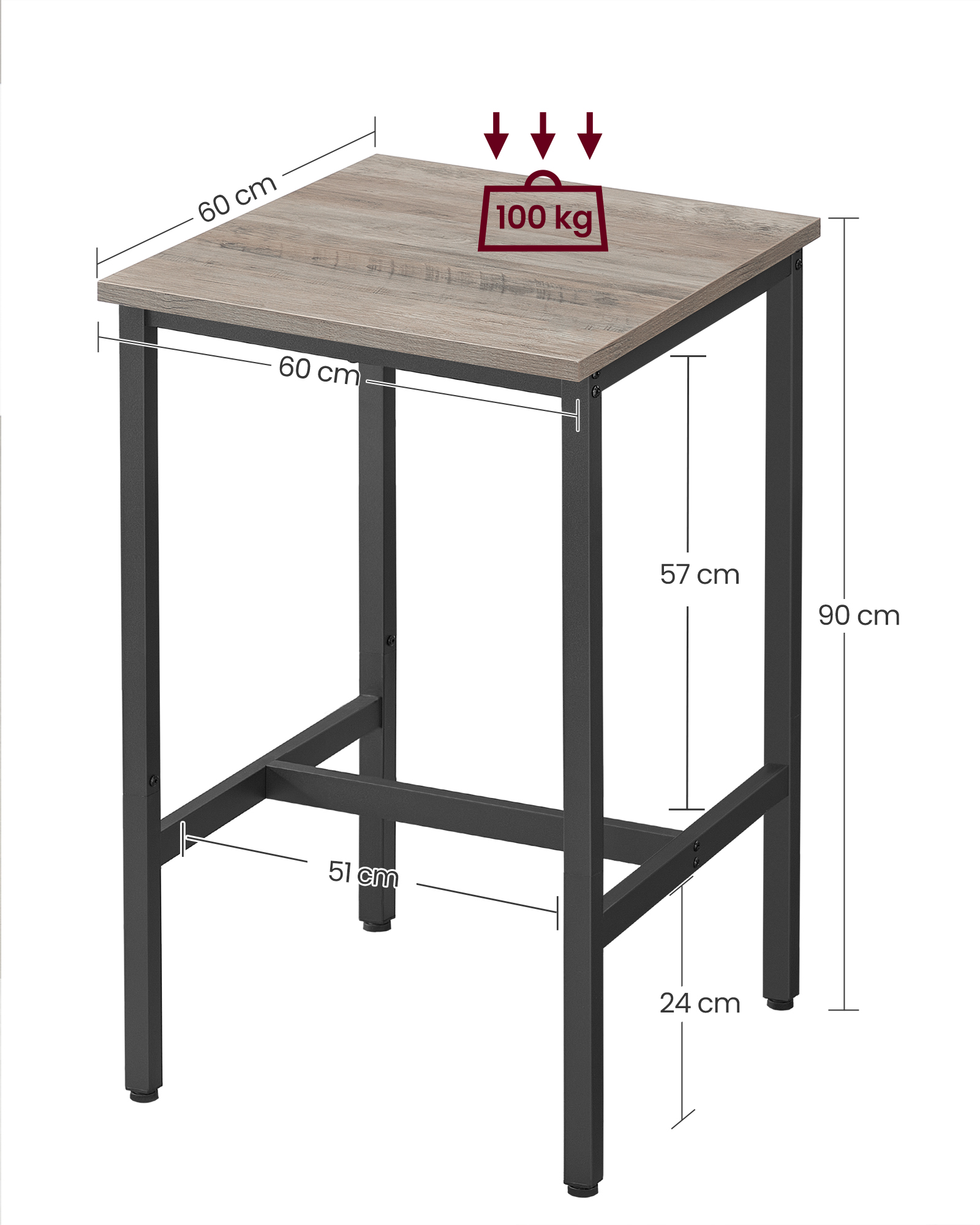 VASAGLE Breakfast Bar, Square Tall Bar Table, Heavy-Duty Steel Frame, 60 x 60 x 92 cm, Easy Assembly, for Kitchen Living Room