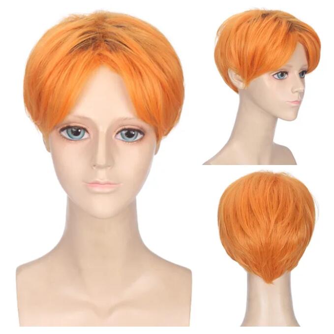 Peluca sintética corta de arcoíris Natural para hombres, cabello naranja con flequillo, Cosplay, Anime, Halloween, diario