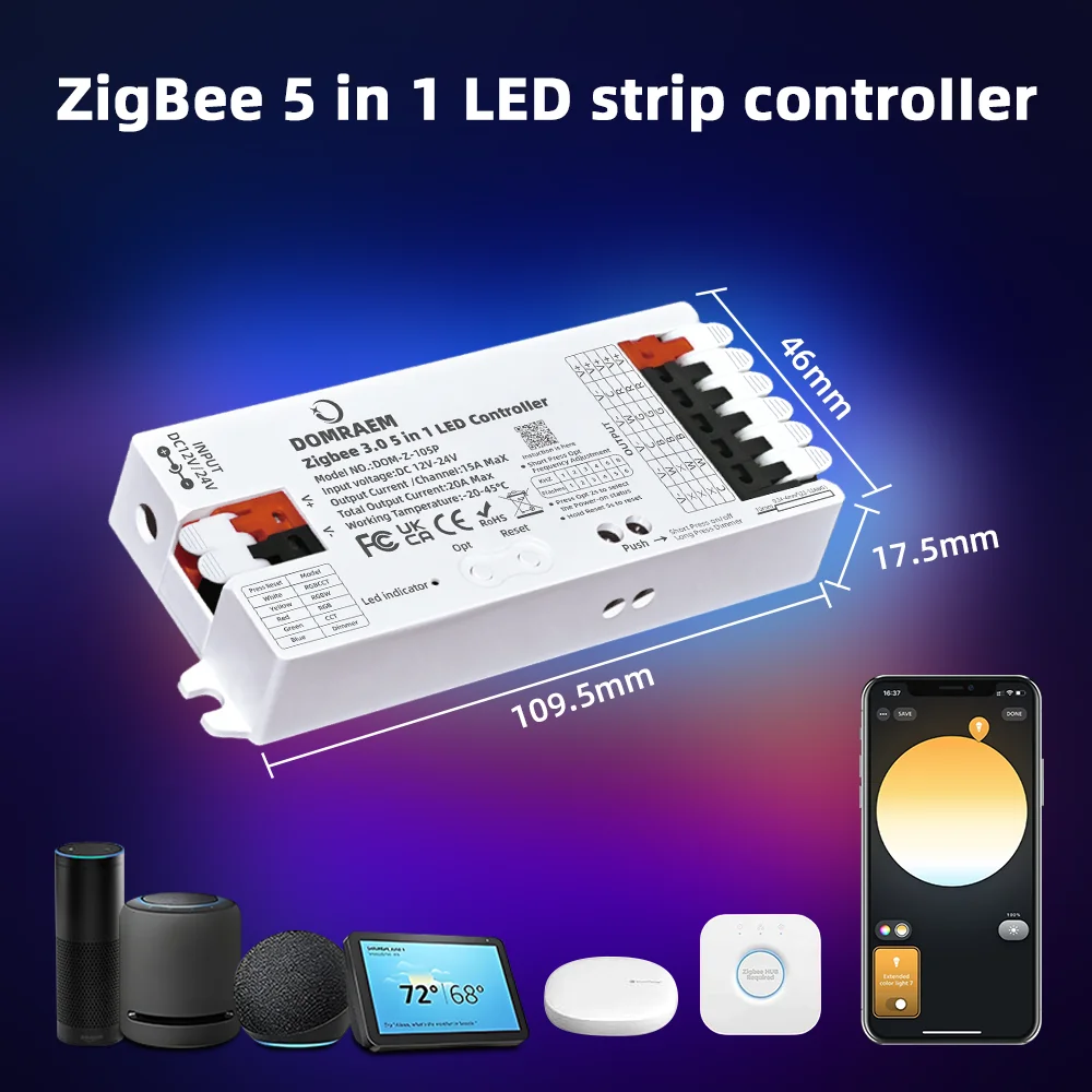 DOMRAEM Zigbee 3.0 Controller per strisce LED 5 in 1 DIMMER CCT RGB RGBW RGBCCT Compatibile con HU*E SmartThings APP Voice 20A Max