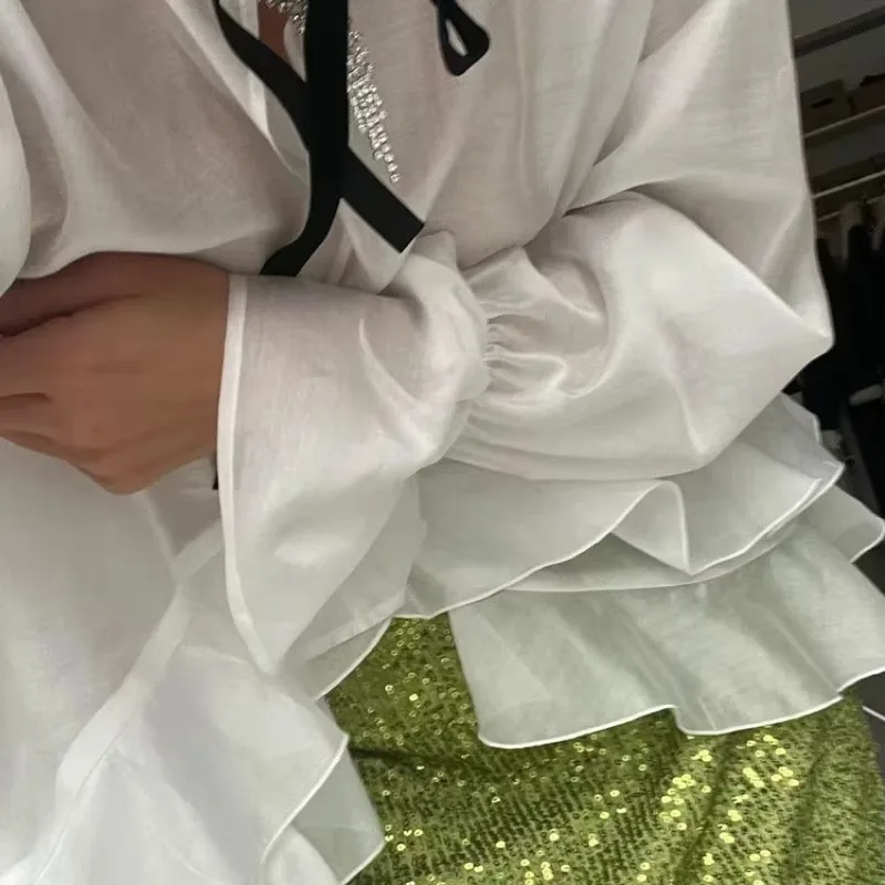 Talenzaเซ็กซี่หลวมสีขาวสตรีเสื้อ 2024 แฟชั่นRuffleคอยาวแขนยาวElegantดูผ่านTopเสื้อผ้าหญิง