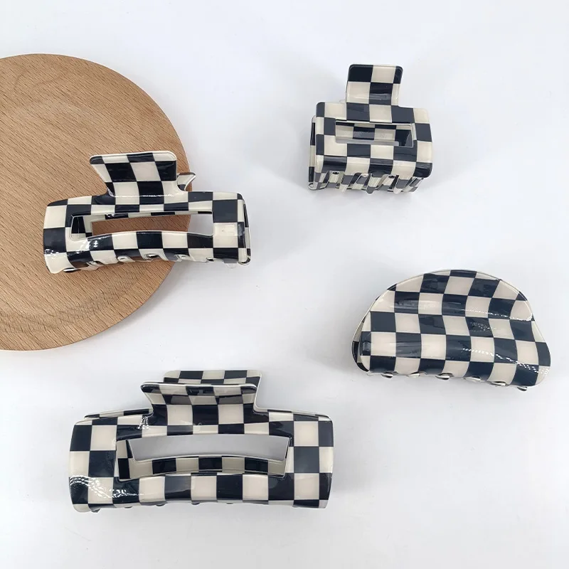 Clearance_Noir blanc damier Rectangle pinces à cheveux pour femmes filles mode pinces à cheveux pour coiffer pinces à griffes accès aux cheveux