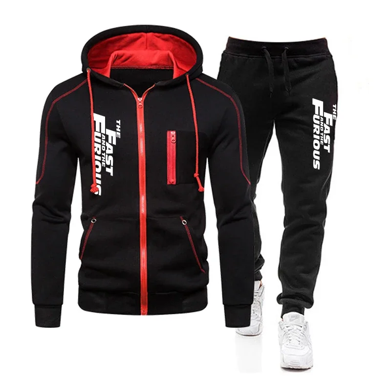 Herbst Winter Beliebter Herren-Trainingsanzug Reißverschluss Kapuzenjacke + Laufhose 2-teiliges Set Fast and Furious Print Freizeitmantel Kleidung
