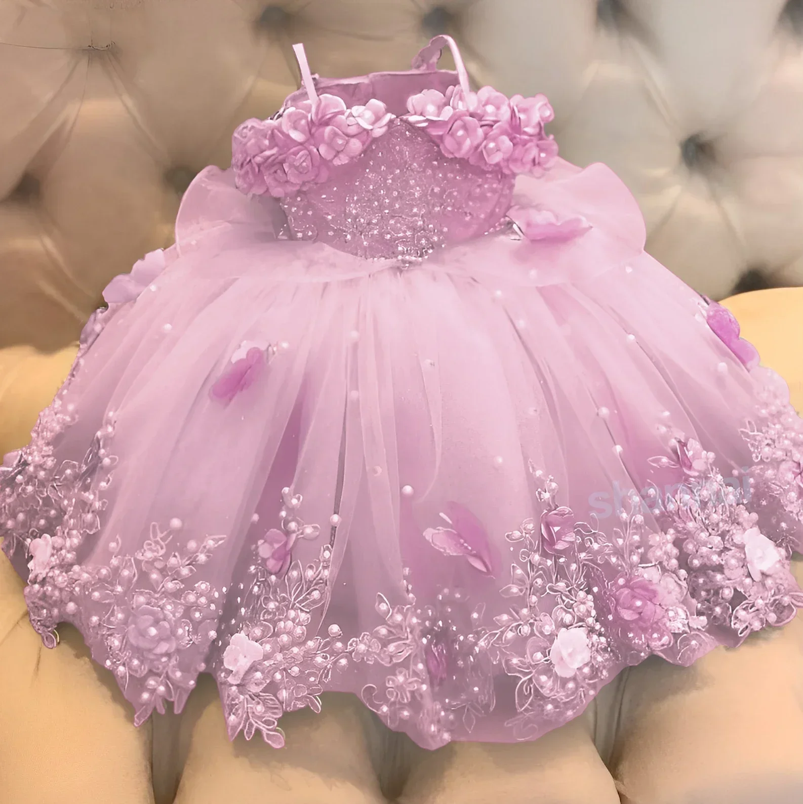 Robe de fête d'anniversaire personnalisée pour bébé fille, épaules dénudées, perles, dentelle, papillons, robe de première Communion pour bébé, robes à fleurs pour filles