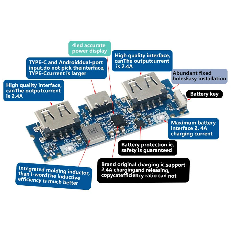 Placa de cargador de batería de litio, módulo de carga 18650, USB Dual, 5V, 2.4A, Micro/tipo-c