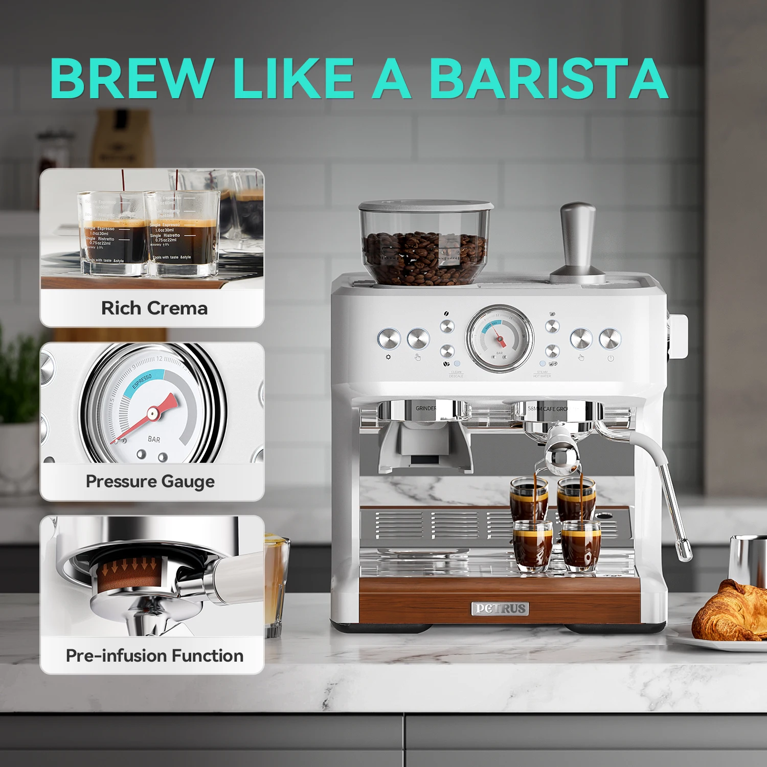Petrus Espresso Machine with Grinder,Barista-Style Cappuccino Maker with Milk Frother Steam Wand Professional Coffee Maker