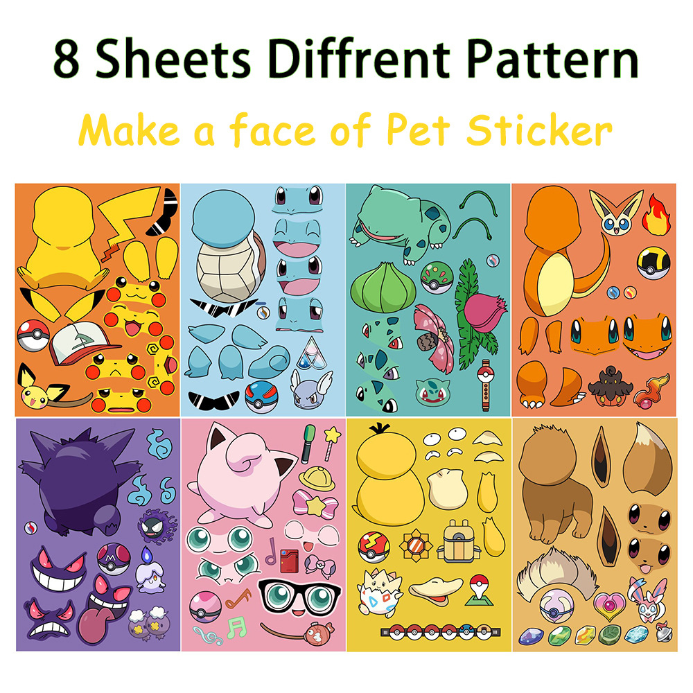 8/16 แผ่น Pokemon Anime Pikachu Gengar ปริศนาสติกเกอร์ Make A Face เด็กการ์ตูน DIY ประกอบจิ๊กซอว์ Decals เด็ก party Decor