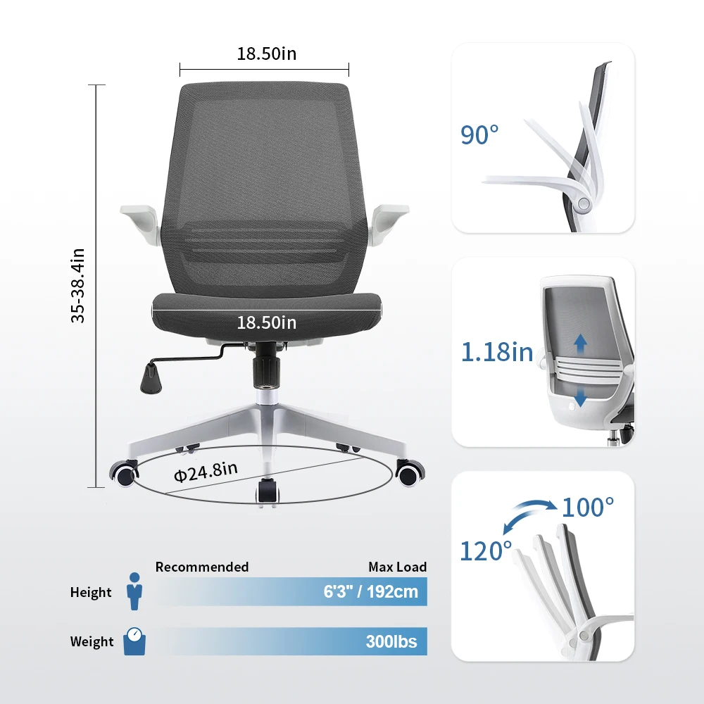 SIHOO Ergonomic Office Chair, Swivel Desk Chair Height Adjustable Mesh Back Computer Chair with Lumbar Support, 90° Flip-up Armr