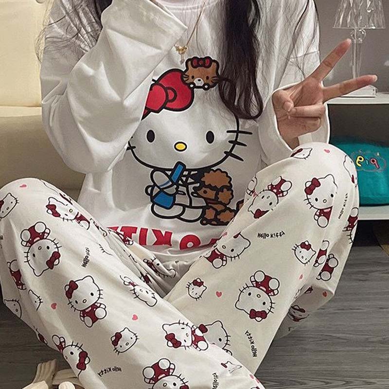 Kawaii Sanrios Hello Kitty Damen Pyjama Set Anime Cartoon Studenten Herbst Winter Polyester Langarm Mädchen Nachtwäsche Geschenk