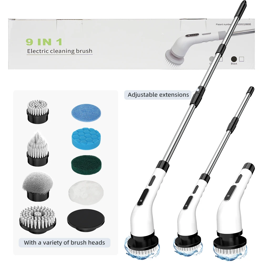 Electric Spin Scrubber, Electric scrubber with 8 Replaceable Brush Heads & Detachable Extension Handle, Power spin scrubber cord
