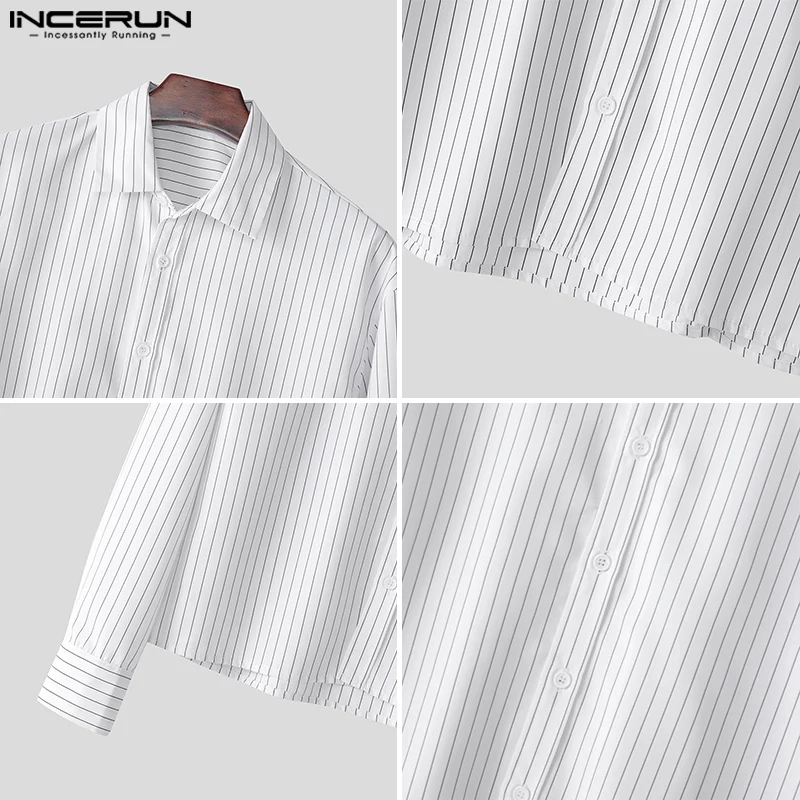 INCERUN Tops 2025 estilo coreano camisa recortada a rayas simples informal para hombre ropa de calle de moda Blusa de manga larga superventas para hombre