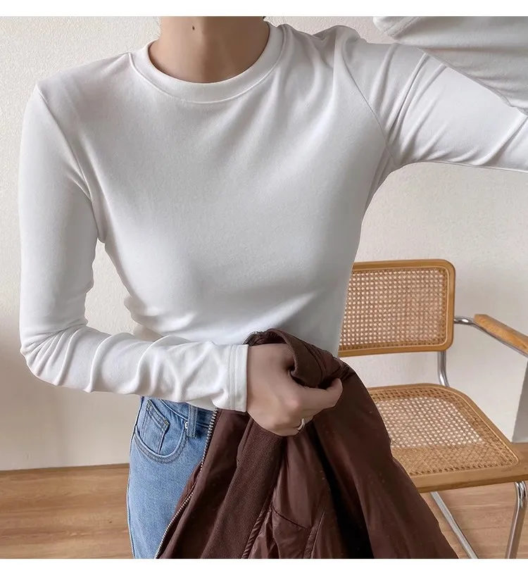 ファッショナブルな厚みのある両面フリースラウンドネック長袖 Tシャツ女性の秋冬ベースレイヤーシャツ起毛ホワイト