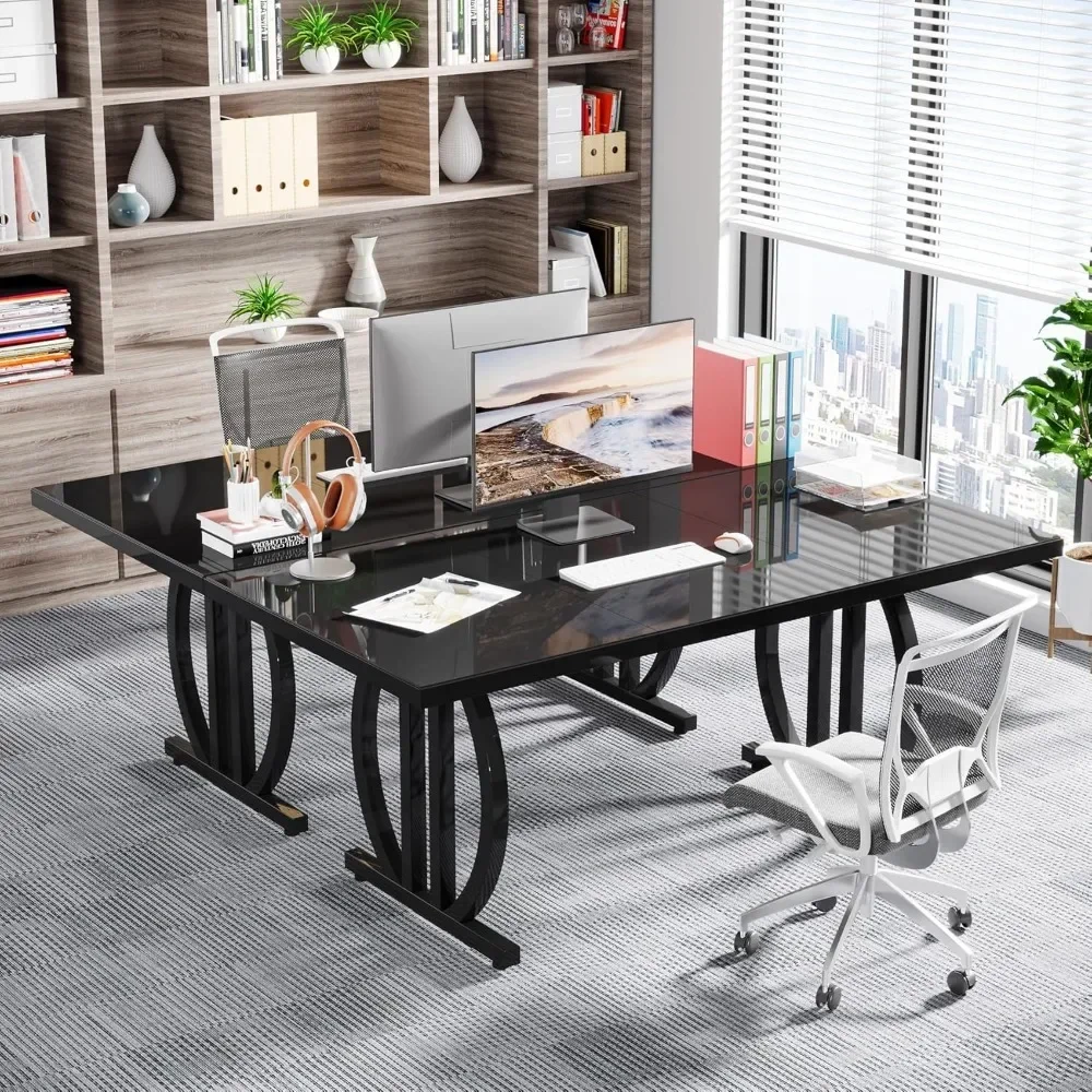 Computer Desk 63 Inch Large Modern Computer Desk With Metal Geometric Base Black Conference Table Gaming Office Furniture