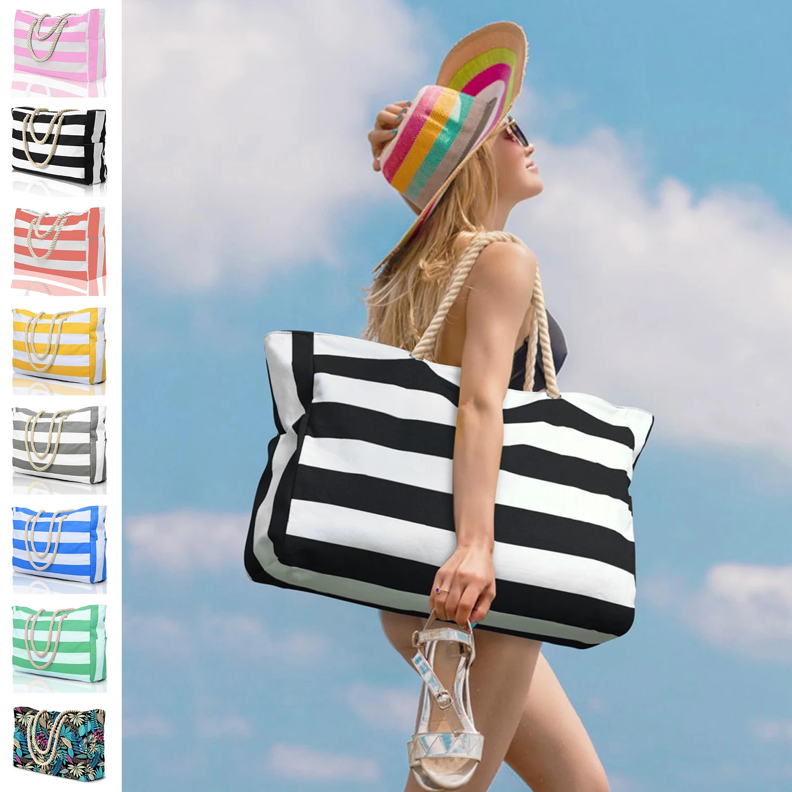 Bolsa externa listrada com zíper para viagens e férias ao ar livre, lona impermeável e resistente à areia, bolsa de praia dobrável conveniente-zmt
