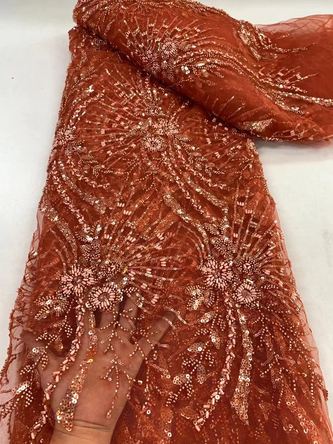 Grüner Perlen-Spitzenstoff, luxuriöser nigerianischer Spitzenstoff, 2025, hochwertige Spitze, gebranntes Orange, Perlen-Spitzenstoff für Hochzeit