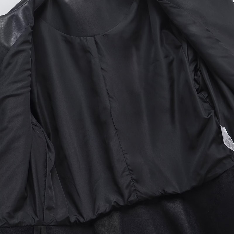 女性用長袖イミテーションレザーコート,冬服,ブラック,Oネック,カジュアルトップス,ヴィンテージファッション