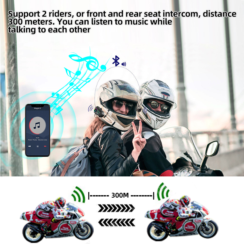 Interfone para motocicleta, fone de ouvido para capacete bt 5.3, intercomunicador para 2 pilotos, 300m, à prova d'água, compartilhamento de música, novo