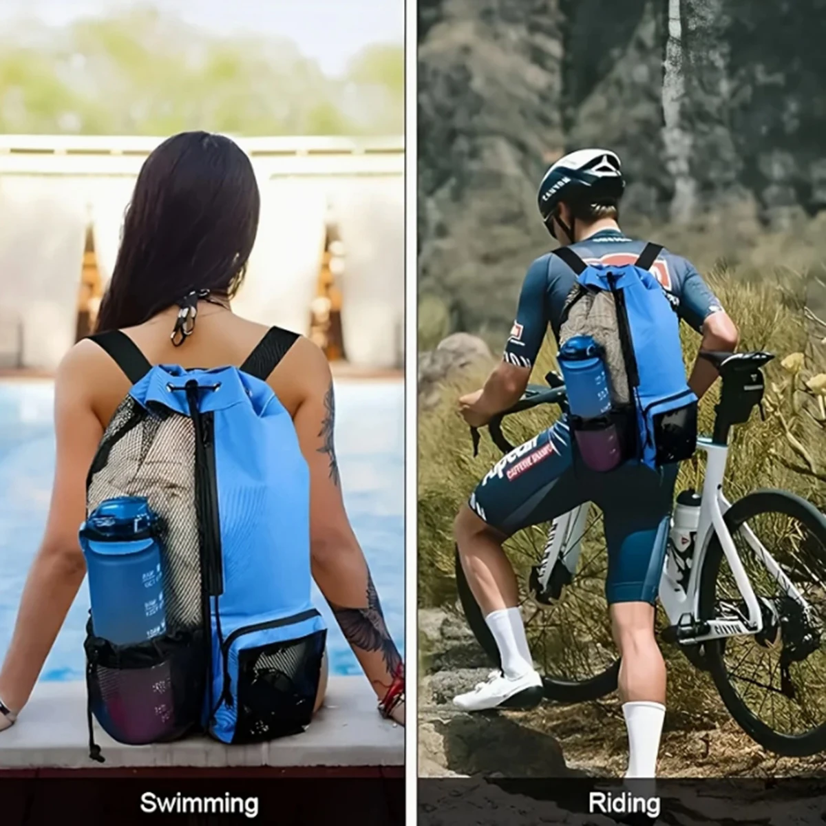 Outdoor beach backpack, swimming bag, mesh perforated drawstring backpack with wet bag, gym yoga exercise storage bag, 1 set
