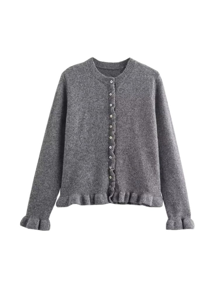 Suéter cardigã feminino de malha com babados, gola redonda, manga comprida, top chique com botões frontais, moda externa