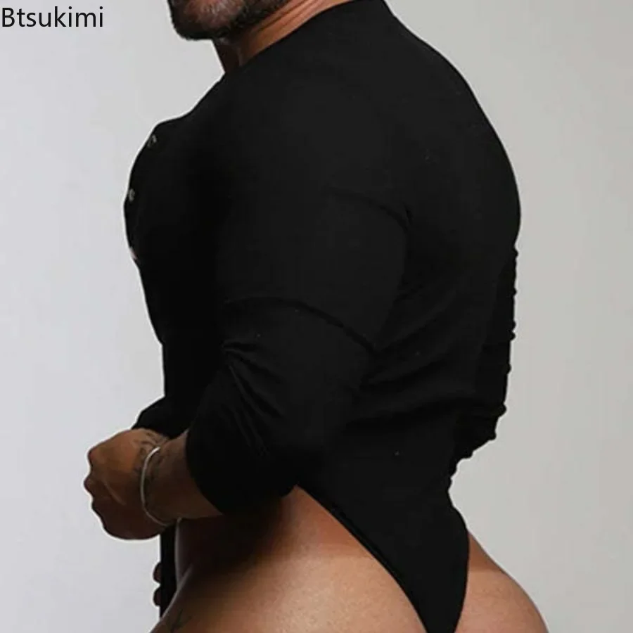 Peleles sexis de estilo hogareño para hombre, monos sencillos lisos elásticos transpirables con cuello en V profundo, monos triangulares de manga larga a la moda informal