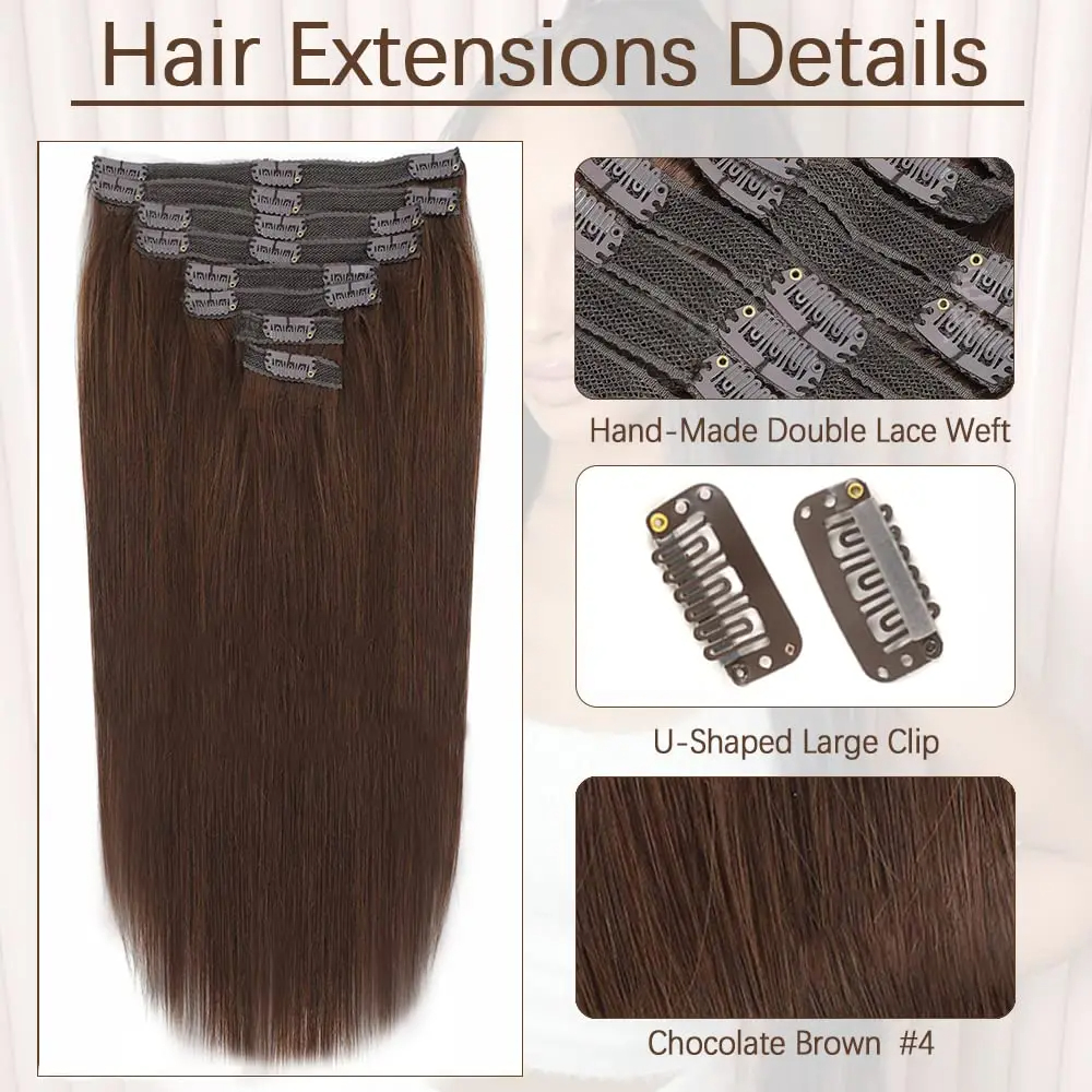 Extensions de cheveux à clipser, couleur de vrais cheveux humains # 4 extensions de cheveux à clips marron chocolat, 8 pièces, couleur noire naturelle, 24 pouces