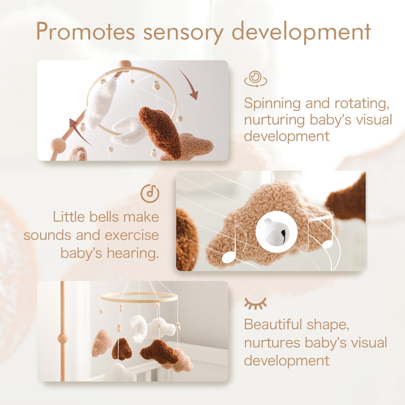 Lã Crochet Cartoon Cloud Bed Bell, Brinquedos suspensos, Brinquedo de chocalho do bebê, Móvel de madeira na cama, Presente, 0-12 meses