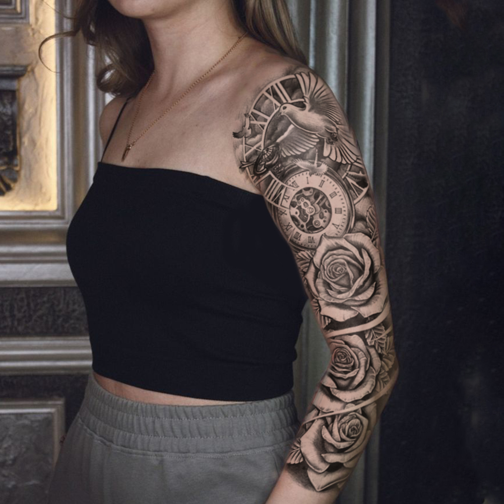 Tatuaje temporal grande con manga de brazo completo, pegatina impermeable, reloj, flor rosa, paloma, pájaro, tótem, tatuaje falso, arte corporal, pierna para hombres y mujeres