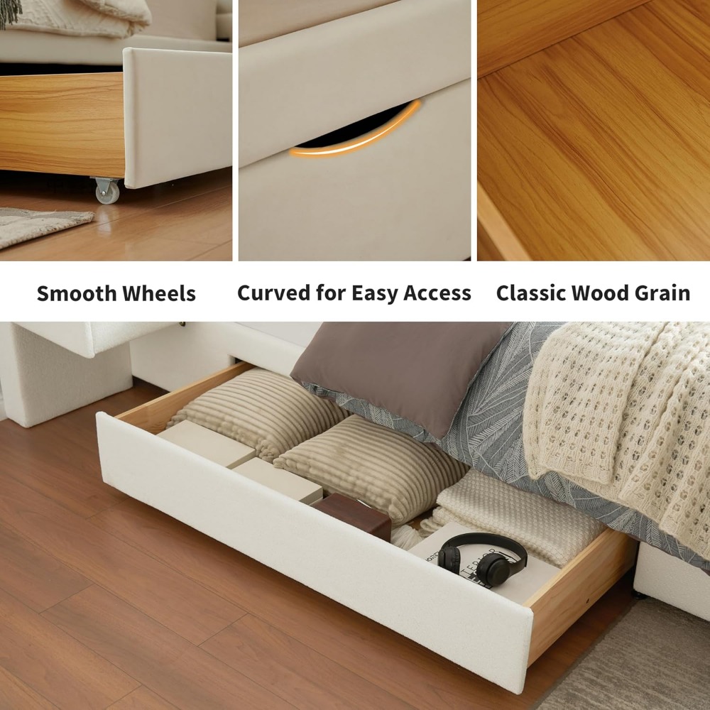 Queen Size Upholstered Bed Frame with Hidden Storage Drawers, Velvet Fabric, Modern Tufted Headboard, Heavy Duty Metal Frame, Ea