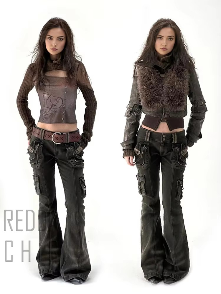 REDDACHiC Dual-Button Laagbouw Vrouwen Cargo Broek Grunge Rits Decor Zakken Doen Oude Snorharen Flare Jeans Grayu Y2k streetwear