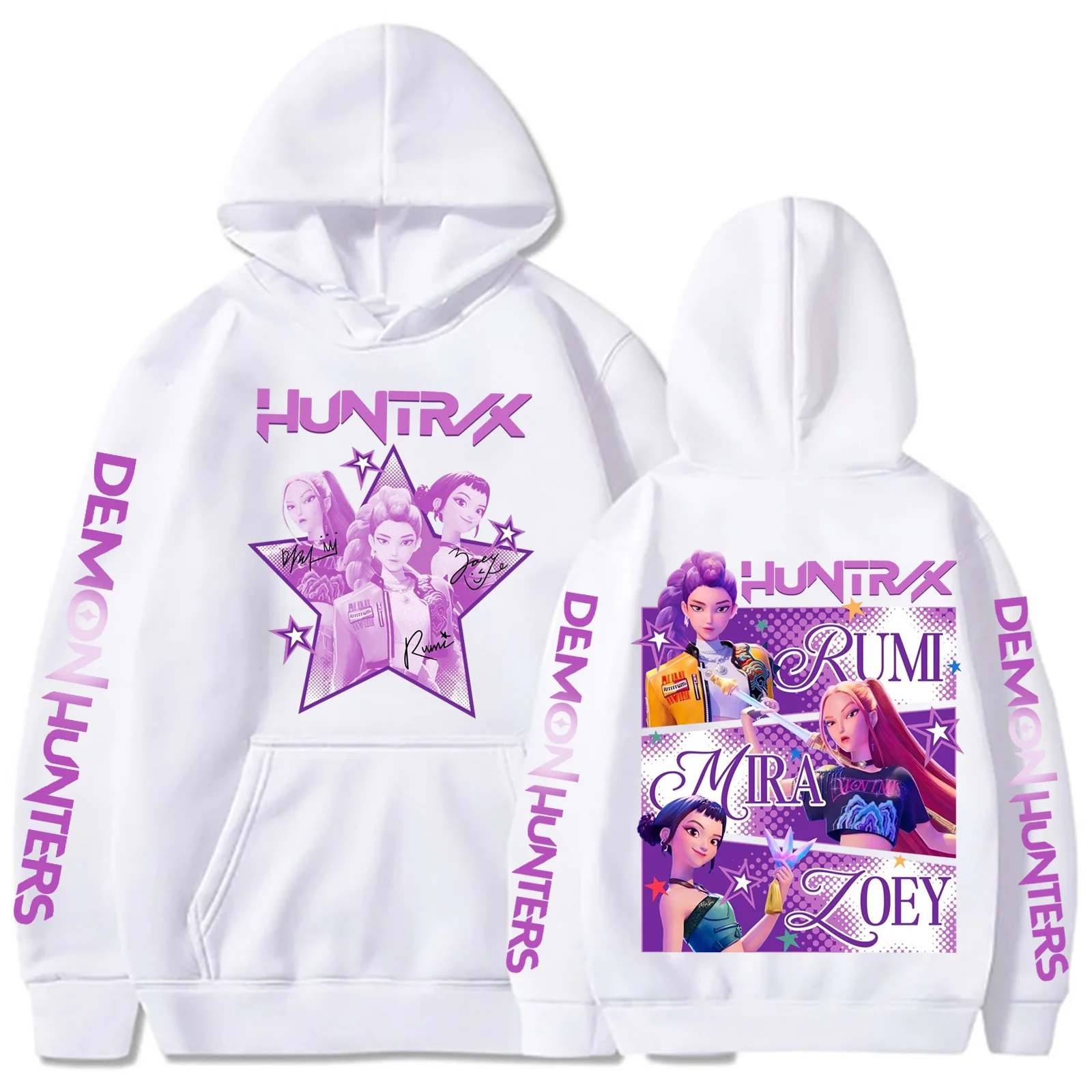 Harajuku kpop caçadores de demônios gráfico hoodie mira rumi zoey huntrix impressão com capuz pulôver homem mulher fãs presente moletom casual