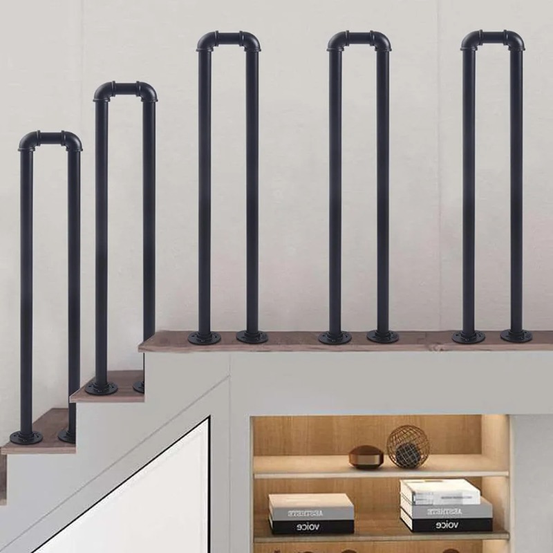 Industrial Stair Railing Black - Matte Metal Handrail with U Brackets, 85cm Adjustable Banister & Retro Loft Design