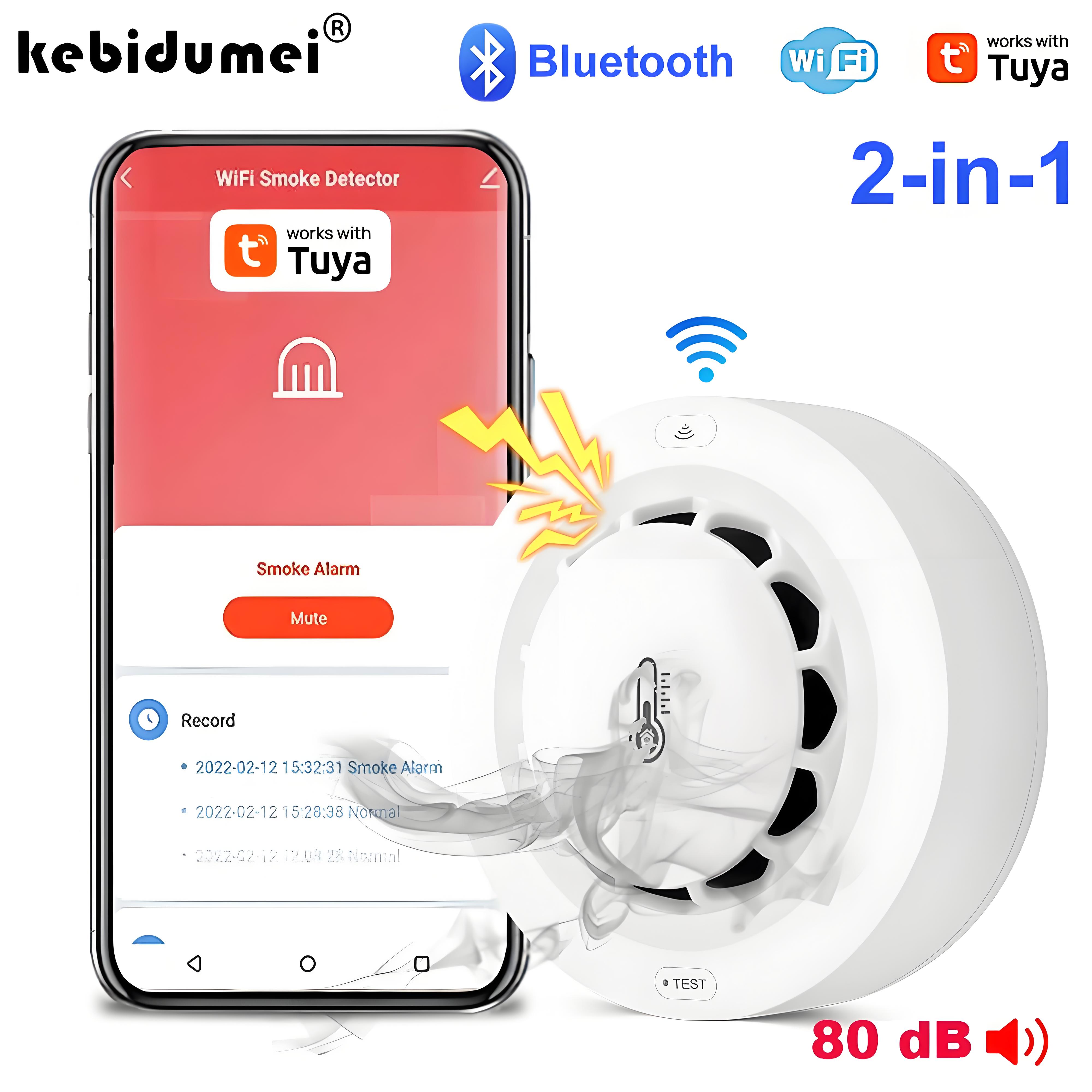 Detector de humo 3 en 1 Tuya Wifi BT, dispositivo de medición de temperatura y humedad, alarma de sonido de 80dB, función de alerta remota, vida inteligente