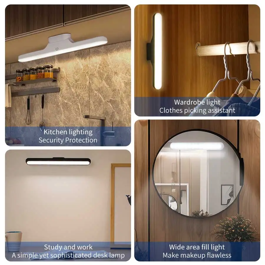 Luz LED de maquillaje frontal con espejo, lámpara de lectura con protección ocular, luz nocturna táctil magnética para iluminación de armario y dormitorio