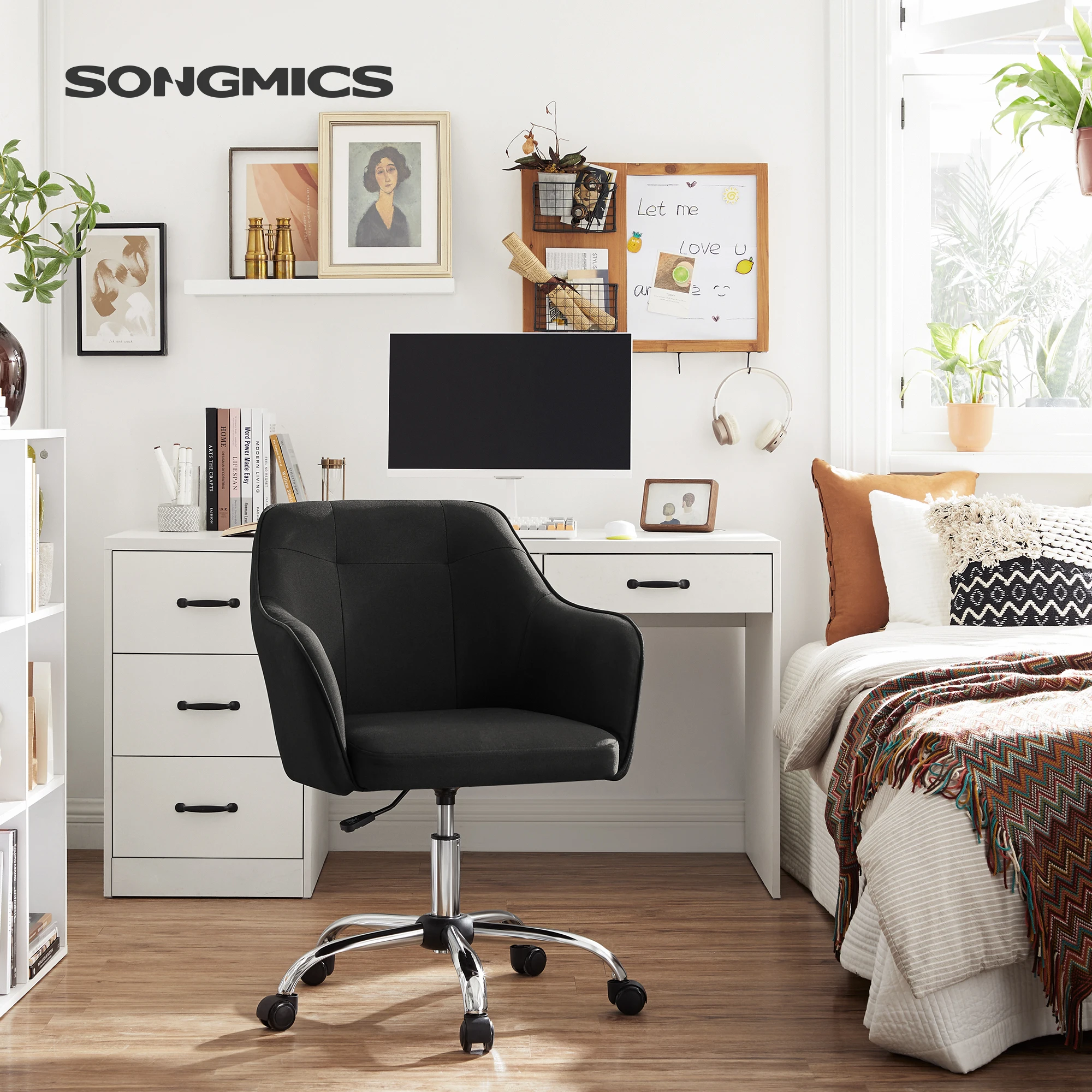 SONGMICS Chaise de Bureau, Fauteuil Ergonomique, Siège Pivotant, Réglable en Hauteur, Capacité 110 kg, Cadre en Acier, Tissu en Coton-Lin Respirant, pour Bureau, Chambre