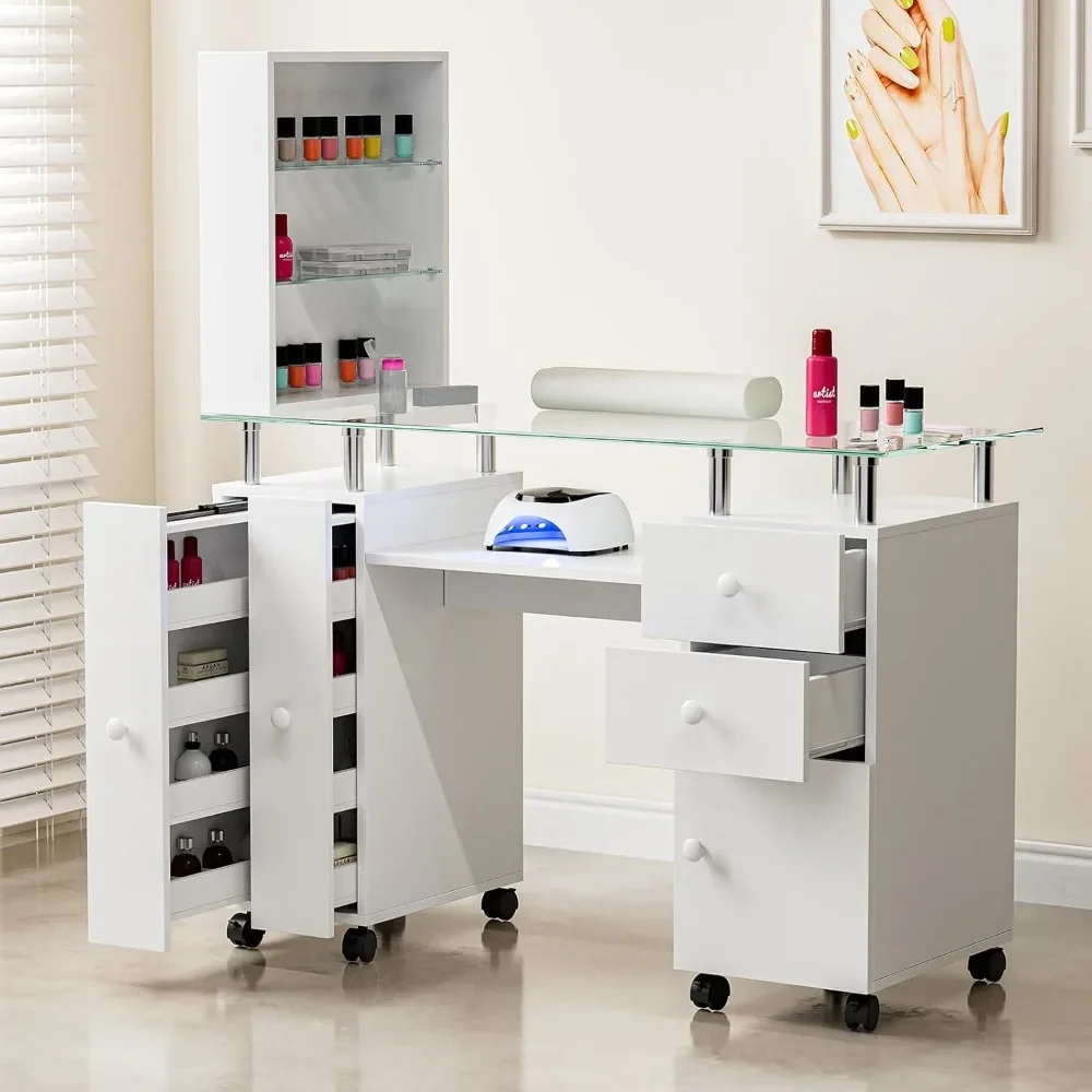 Manicure Table Nail Desk, Glass Top Nail Table Station Acetone Resistant w/Storage Drawers & Open Shelves, Nail tables