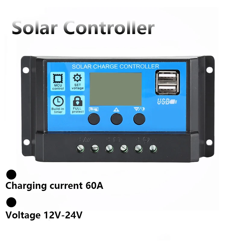 60A PWM Solar Charge Controller 12V 24V with LCD Display Dual USB Voltage Regulator for Solar Panel Photovoltaic Home System