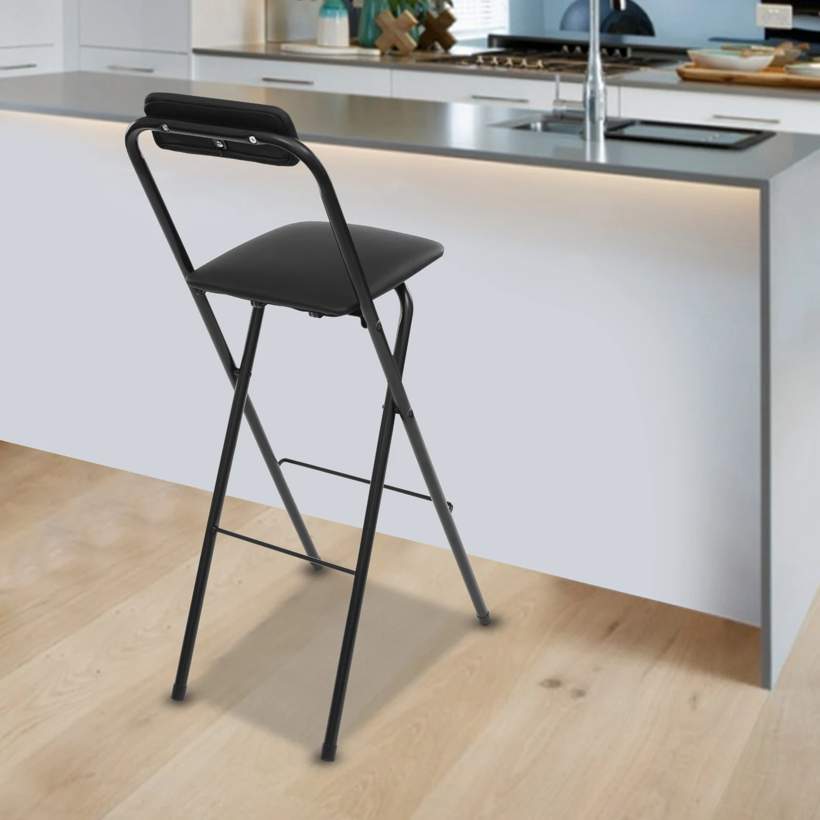 Black Portable Foldable Bar Chair Tall Folding Stool with Sponge Seat Backrest  275lbs Load Bearing for Home Bar Cafe Office