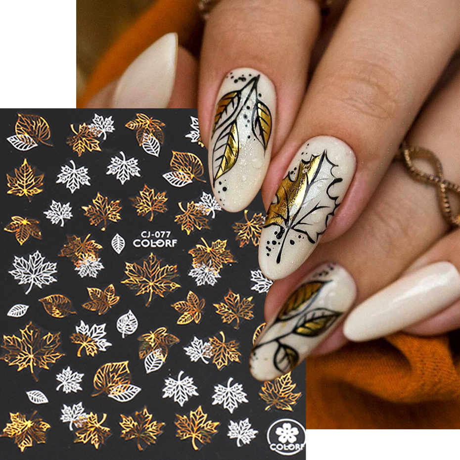 Pegatinas 3D de hoja de arce para uñas, deslizadores holográficos de ardilla con letras de plumas de oro blanco, diseño de Anime, decoración de manicura JICJ
