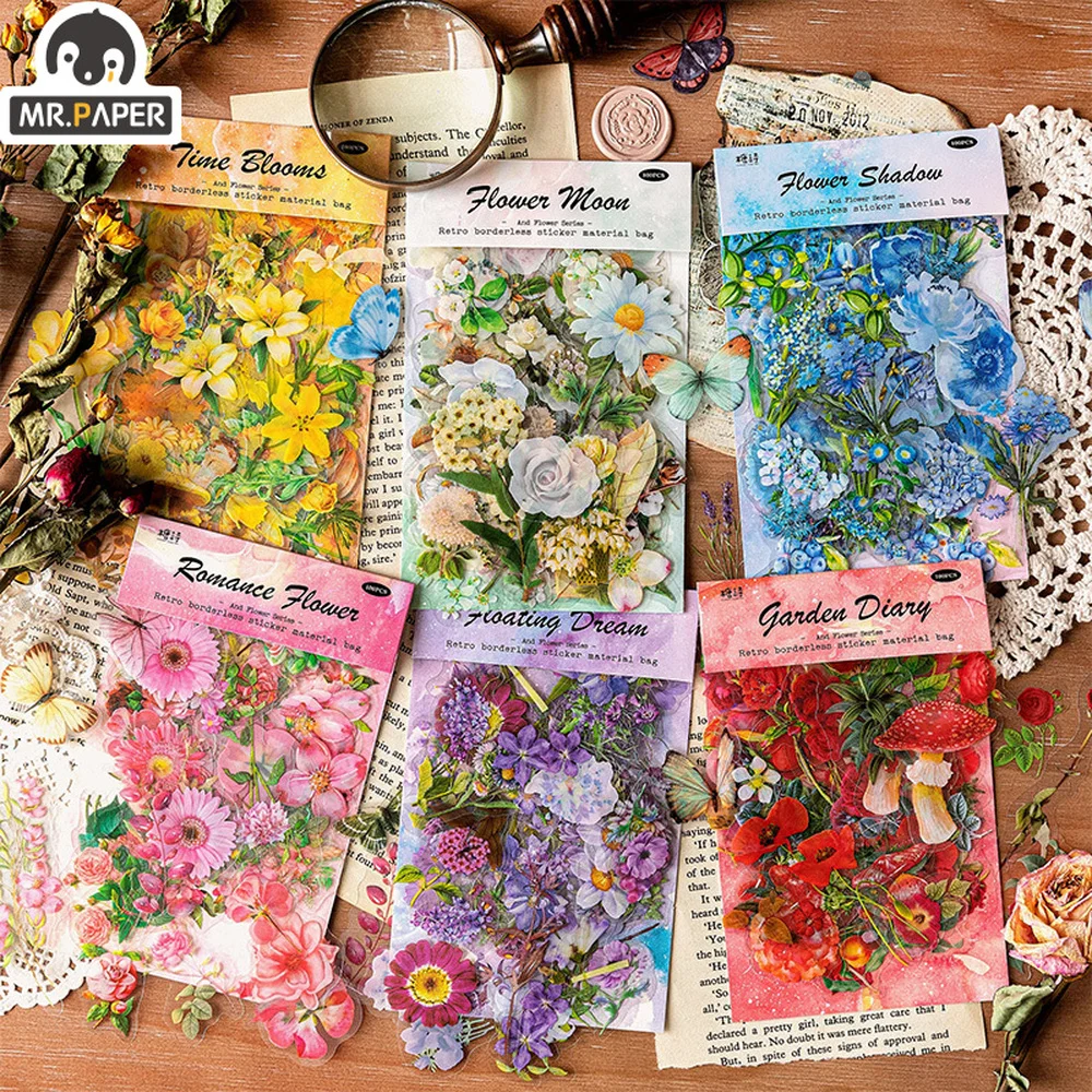 Mr.paper 6 スタイル 100 ピース/バッグヴィンテージ植物ステッカー美的花ハンドアカウント素材装飾文具ステッカー