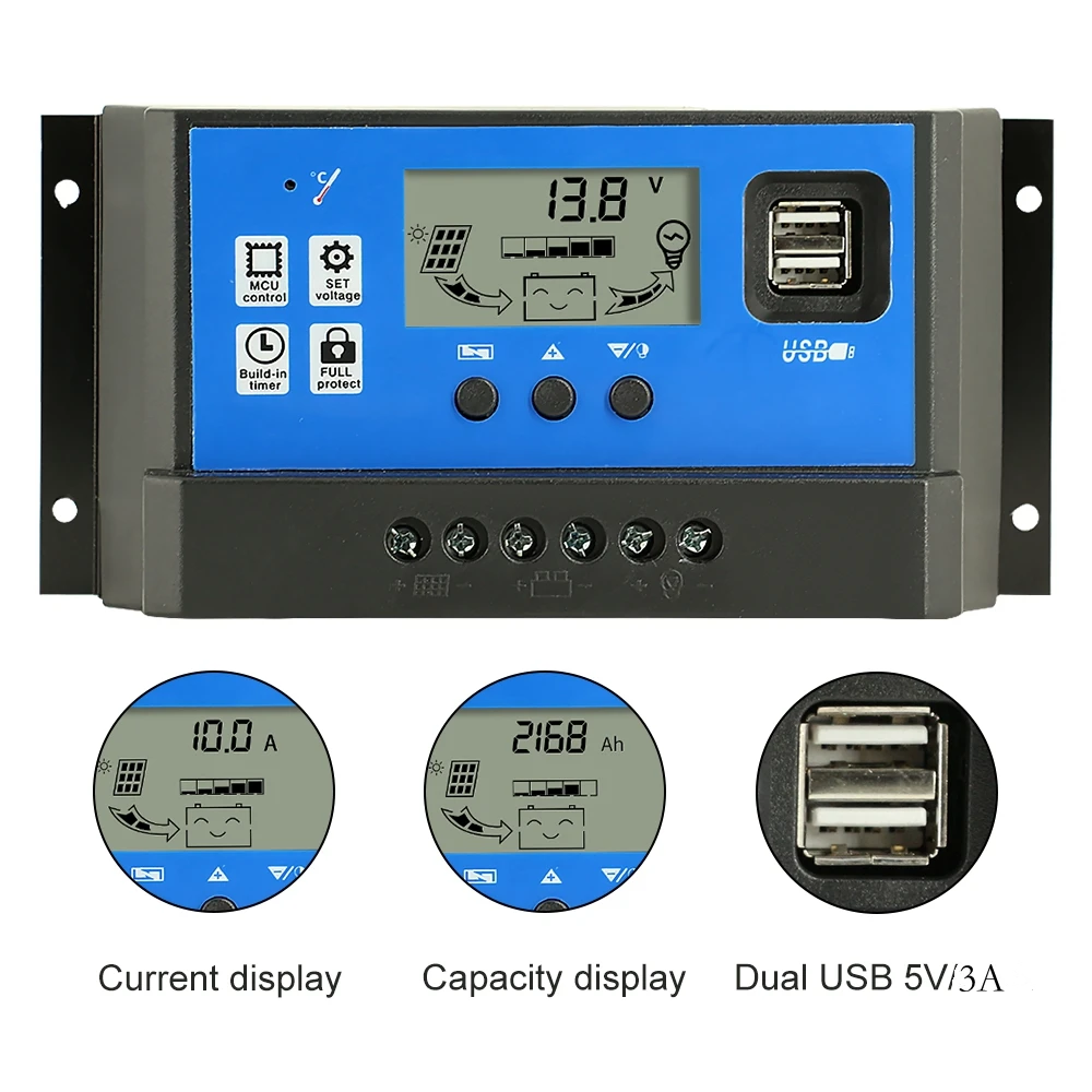 ECGSOLAX 30A 60A PWM Regolatore di carica solare 12V 24V Regolatore batteria Regolatore pannello solare Doppio controller di ricarica USB 5V/2A
