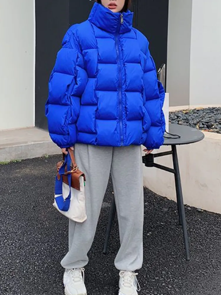 Jaqueta de inverno para mulheres tridimensional xadrez tecido moda casaco sólido high street quente e grosso 2023 inverno nova jaqueta para baixo