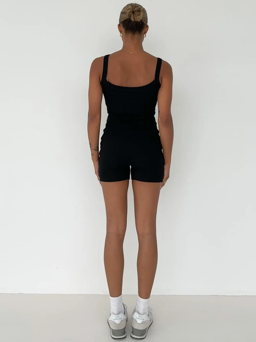 Combhasaki feminino casual esporte retro bodycon sem mangas macacão cor sólida com nervuras sem mangas com decote em u curto magro macacão playsuit