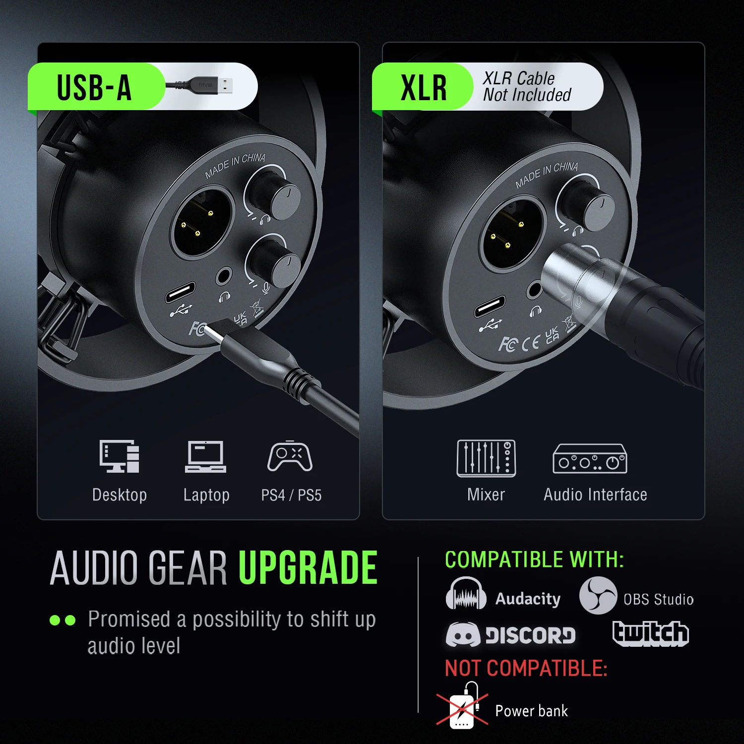 Fifine USB/XLR ไมโครโฟนแบบไดนามิกที่มีช็อตเมาท์, สัมผัสเสียง, แจ็คหูฟังและการควบคุมระดับเสียง, สำหรับพีซีหรือการ์ดเสียง-K688