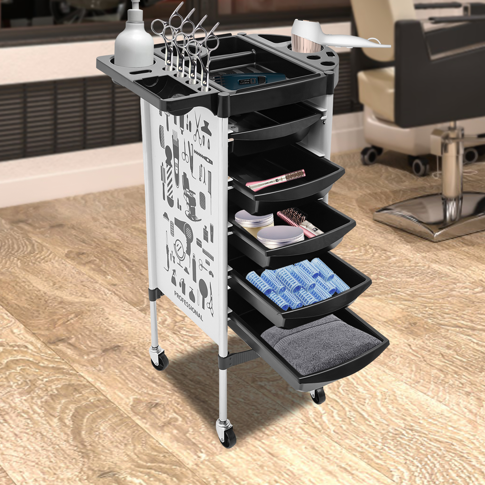 Beauty Friseurwagen mit 5 Schubladen, tragbarer Trolley, robuster, multifunktionaler Plattformwagen, Bodenmontage
